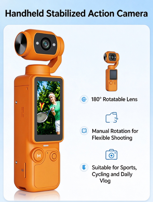 Handheld Vlog Camera – 180° Rotating Lens, Flip Screen, Auto Focus & Stabilization (SD Card Not Included)