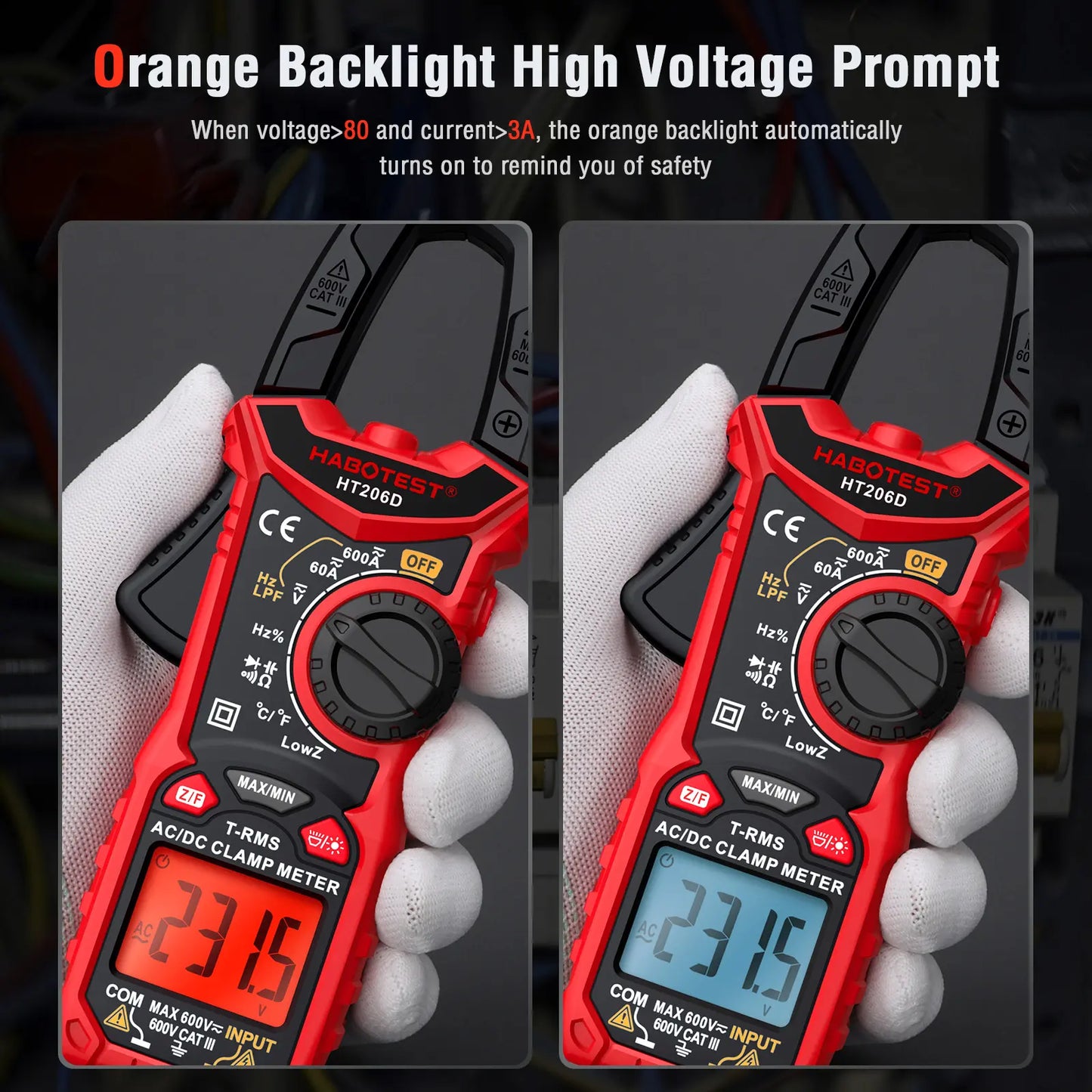 HABOTEST HT206D Digital Clamp Meter - 600A AC/DC Current, Two-Color Backlight, NCV Voltmeter Ammeter