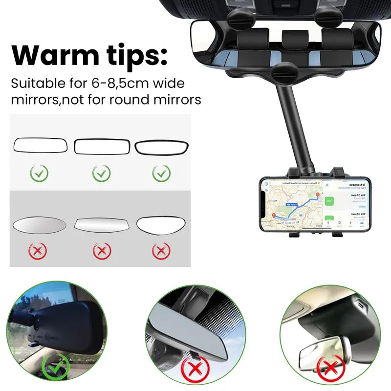 Car Phone Holder for Rearview Mirrors - 360° Rotatable and Retractable, Multifunctional Mobile Phone Mount for Any Vehicle