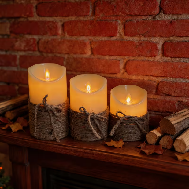 3-Pack Flameless LED Candles with Remote Control – Flickering Warm Light, Hand-Tied Jute Rope, Battery-Powered, for Romantic Atmosphere & Home Decoration