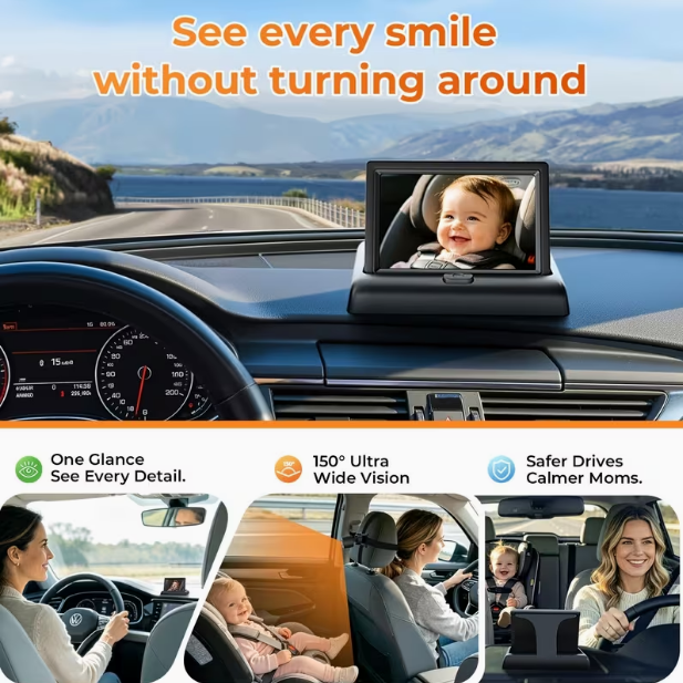 Baby Car Mirror with 4.3" HD Night Vision Display – Safety Car Seat Camera, Wide Crystal Clear View, Easily Observe Baby’s Movements (Not USB)