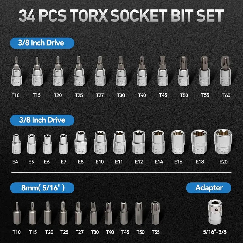 34-Piece 3/8-Inch Drive Torx Bit Socket Set - CR-V E Socket E4-E20, S2 Torx T10-T60, Tamper Proof TT10-TT55 with Adapter