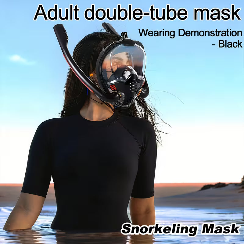 Full Face Snorkeling Mask – 180° Panoramic Dual Tube with Camera Mount for Adults (Camera Not Included)