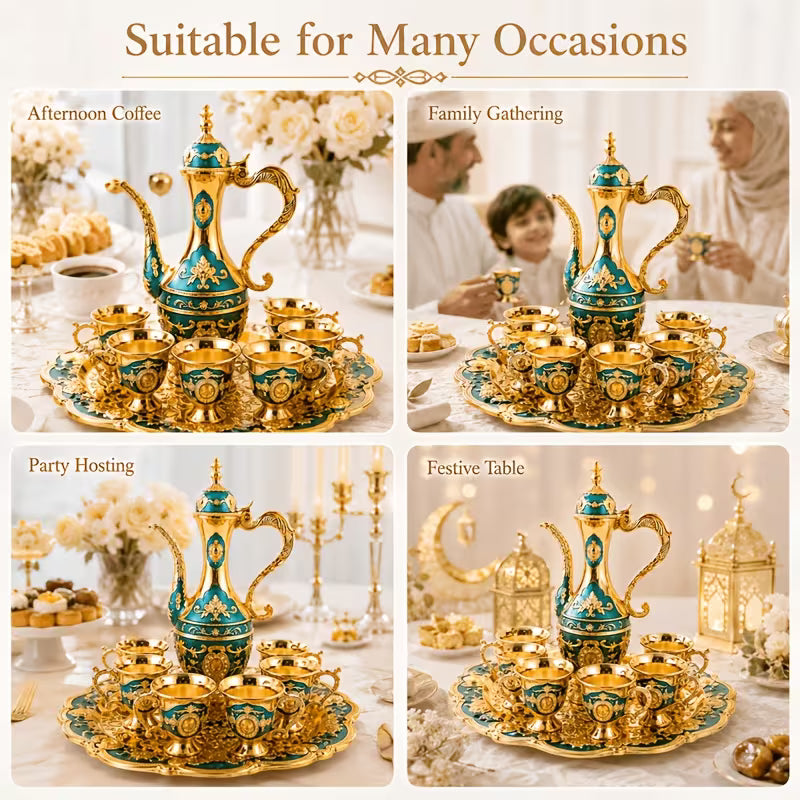 Zinc Alloy Golden Coffee and Tea Set - European Style with 6 Luxurious Cups, Teapot and Tray, Elegant Gift for Tea, Coffee and Cappuccino