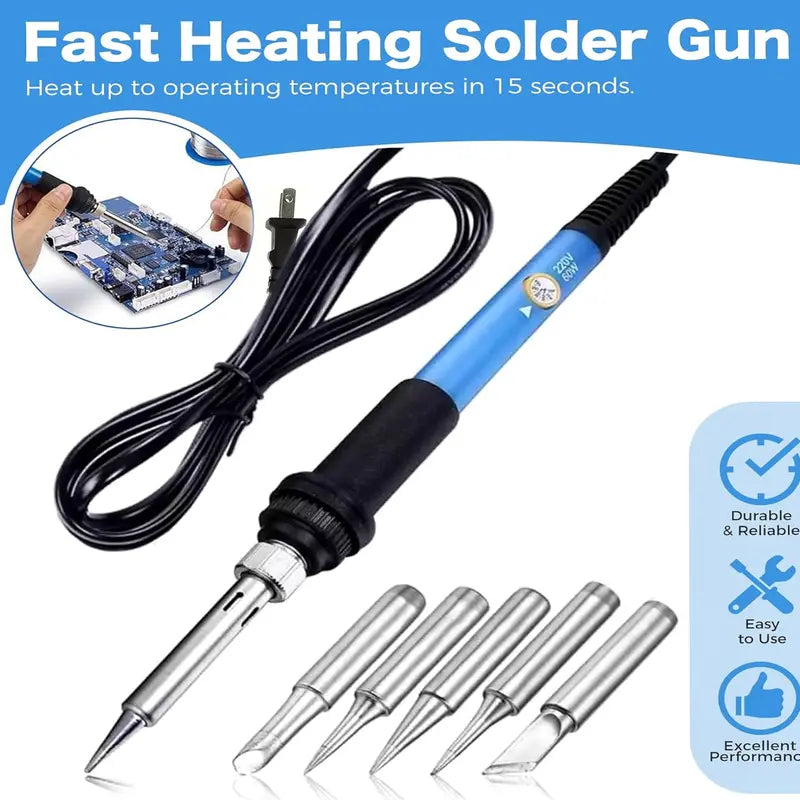 Adjustable Temperature Electric Soldering Iron Set – 110V 60W, 200–450°C, Includes 5 Tips, Stand & Cleaning Sponge