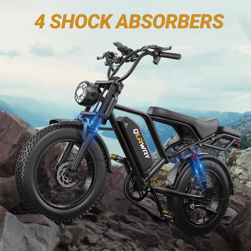 Electric Bike, Peak Power 1500W, Full Suspension, Top Speed 31 MPH, Range 40-70 Miles, 48V 18Ah Removable Battery, 2-Seater Design, LED Headlights, 20-Inch All-Terrain Fat Tires, UL 2849 Certified. Ebike Electric Motorcycle