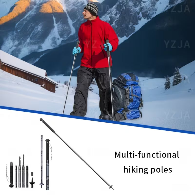 Multifunctional Trekking Pole, Lightweight 5‑Section Telescopic Folding Aluminum Alloy Hiking Stick with Multi‑Tool Accessories, for Backpacking, Camping, Wilderness Survival, Mountaineering & Long‑Distance Hiking