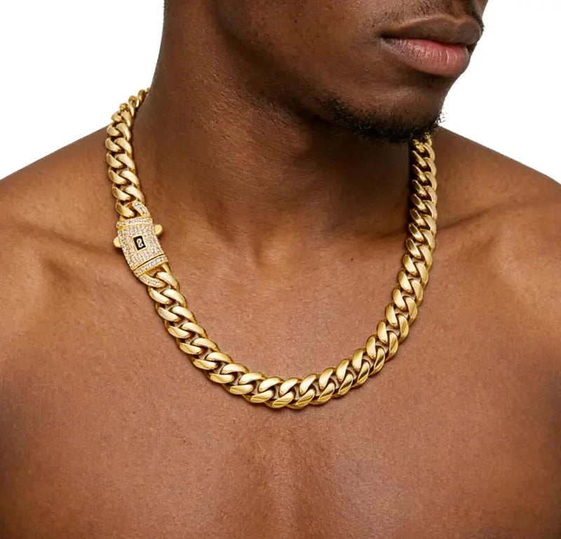 Cuban Necklace Miami Link Chain with Diamond Clasp Anti-Friction for Men Women Stainless Steel Thick Chain Hip Hop Jewelry 14mm wide, 24 inches longColorfast Waterproof Thickened Black Friday