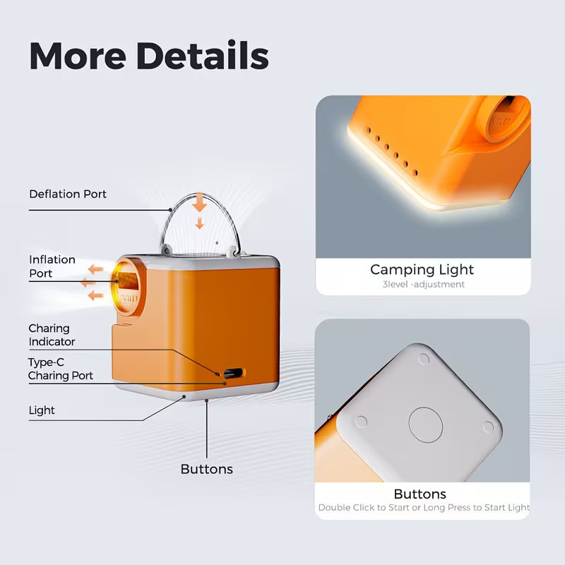 Portable Electric Camping Air Pump – Built-in 3-Level Light, Powerful Airflow, Long Lasting Battery – For Air Mattress, Pool Float & Vacuum Storage Bags