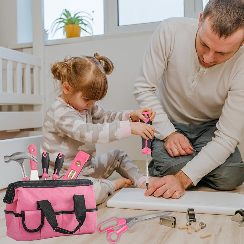 130-Pieces Pink Tool Kit Set & Child Size Tool Bag. Daily Home Repair Kit,Hammer Screwdriver Set for DIY Building, Woodwork & Construction for Women Kids