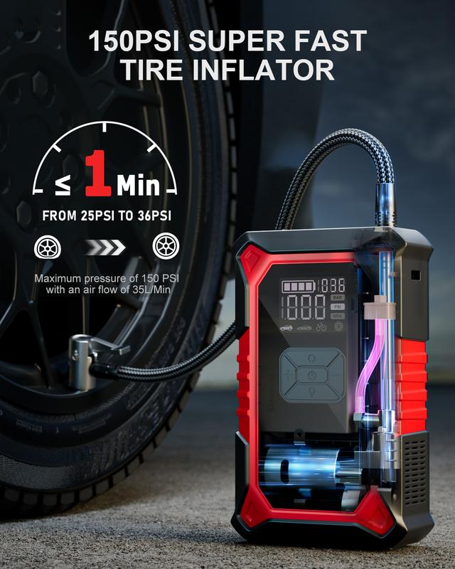 A3 Portable Car Jump Starter with Air Compressor, 3000A Car Battery Jump Starter (9.0 Gas/6.5L Diesel) with 150PSI Digital Tire Inflator Repair Tool Kit Vehicle