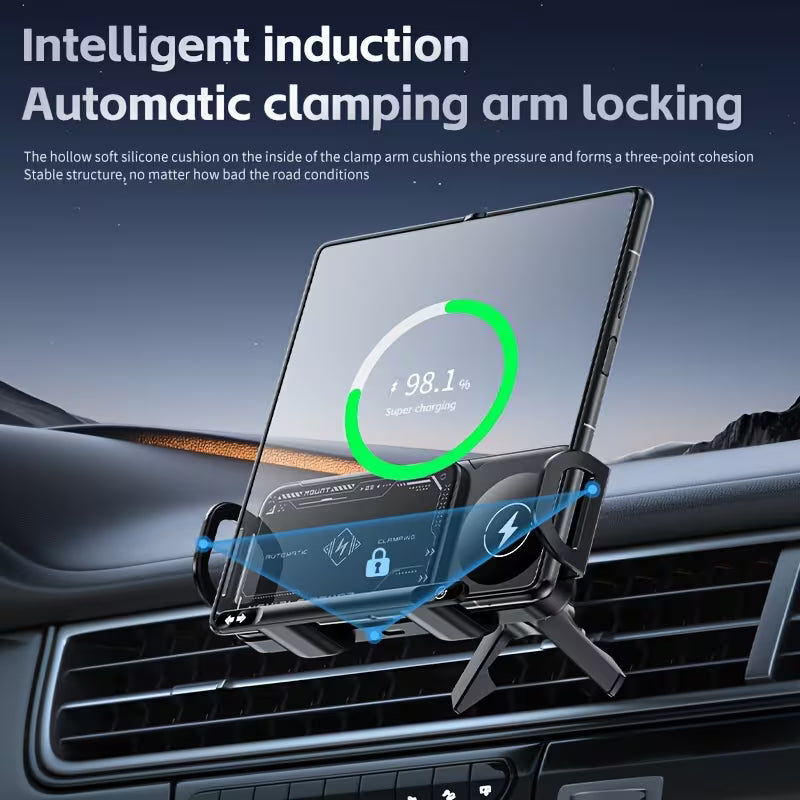 15W Wireless Car Charger Mount, Electric Auto-Clamping Holder, Adjustable Horizontal & Vertical Angle, Fast Charging, Fits Galaxy Z Fold6/Fold5/Fold4/Fold3/Fold2, iPhone 16/15/14/13/12 Pro Max, 4.3"-6.9" Smartphones