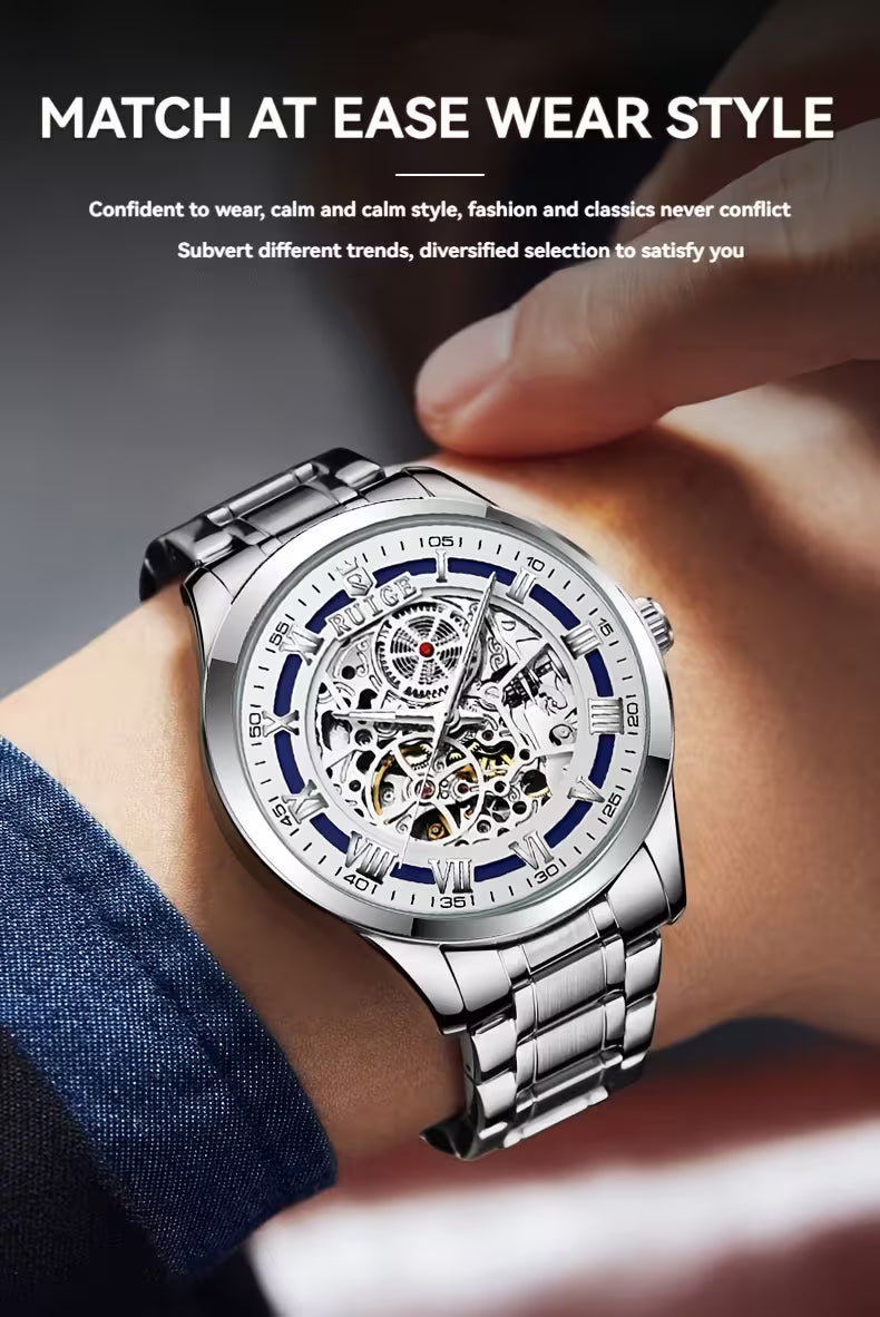 RUIGE Double-Skeleton Automatic Mechanical Watch – Dual-Side Exhibition Case, Stainless Steel Bracelet, Luminous Dial, 30M Waterproof for Business & Casual Wear