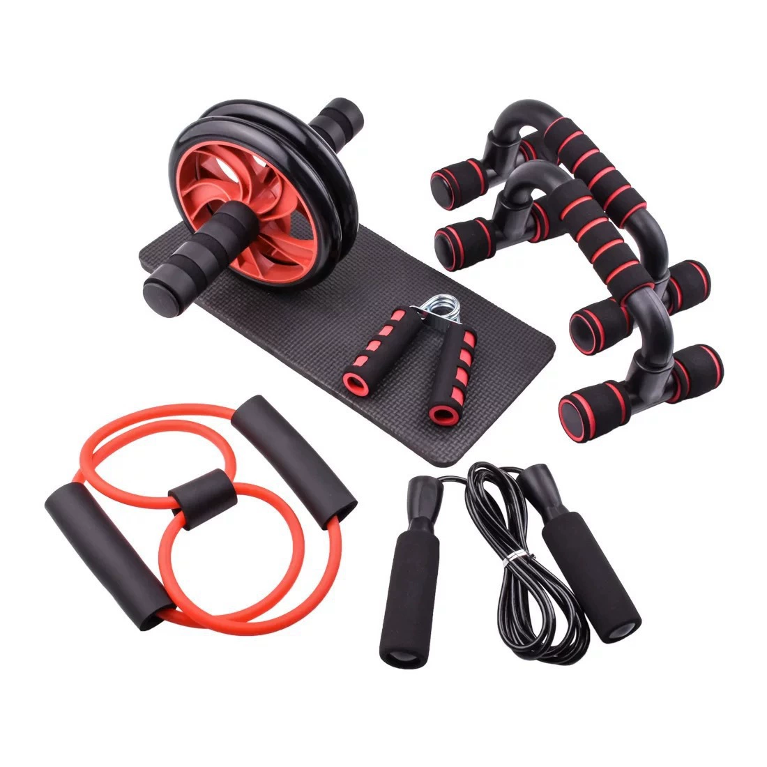 7-Piece Complete Abdominal Workout Equipment Set, including push-up stands, ab roller, mini mat, resistance bands, skipping rope and hand gripper - Strengthen core, build muscle and burn fat