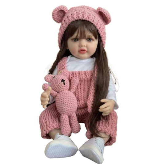 22 Inch Realistic Reborn Doll with Bear & Bottle & Pacifier & Diaper, Cute Long Hair Doll, Ideal Gift for Teenager and Collectors, Gorgeous Doll