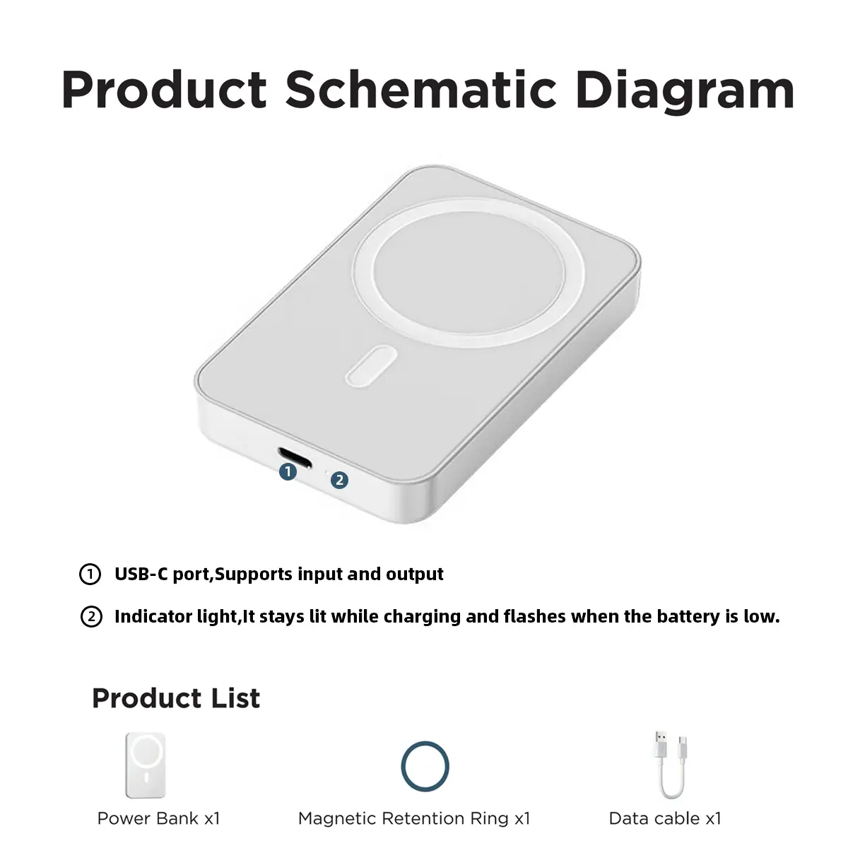 5000mAh Magnetic Power Bank, MagSafe-Compatible Wireless Portable Charger, Compact Battery Pack for iPhone 12–17 Series