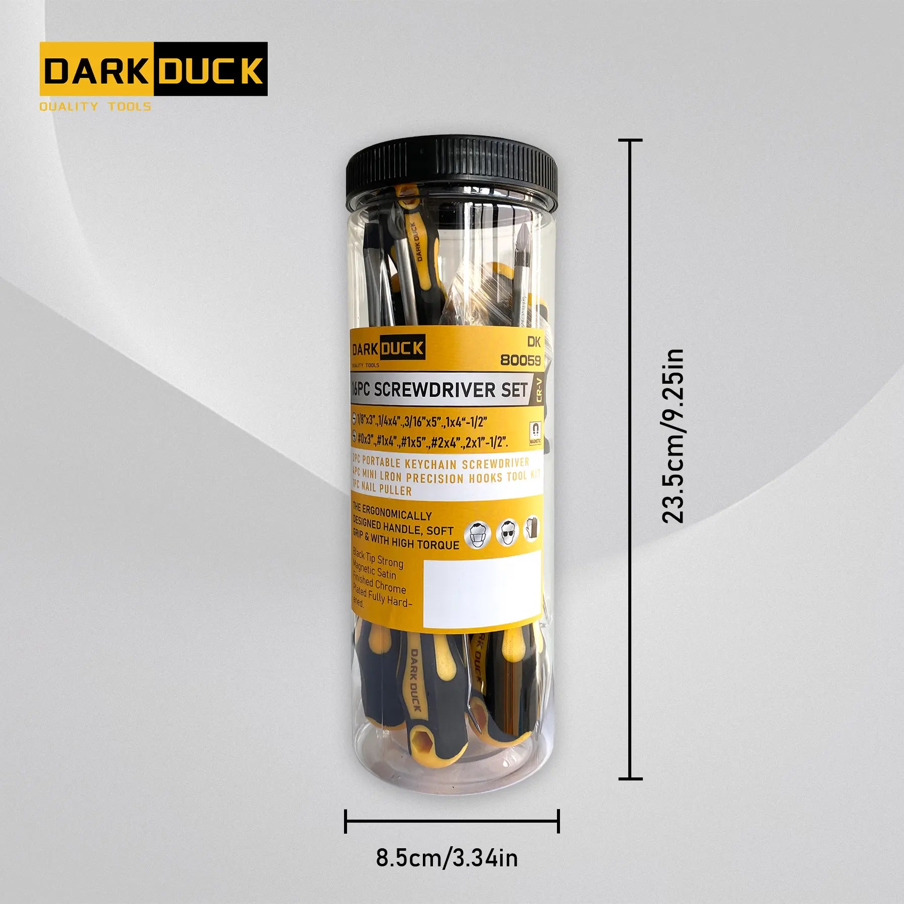 DARK DUCK 16pcs Magnetic Screwdriver Set, Chrome Vanadium Steel, Lemon Yellow, Polished Finish, Flat & Phillips Heads,Nail Puller Includes Pick & Hook Tools, for Mechanics, Construction, Carpentry Hardware image 7