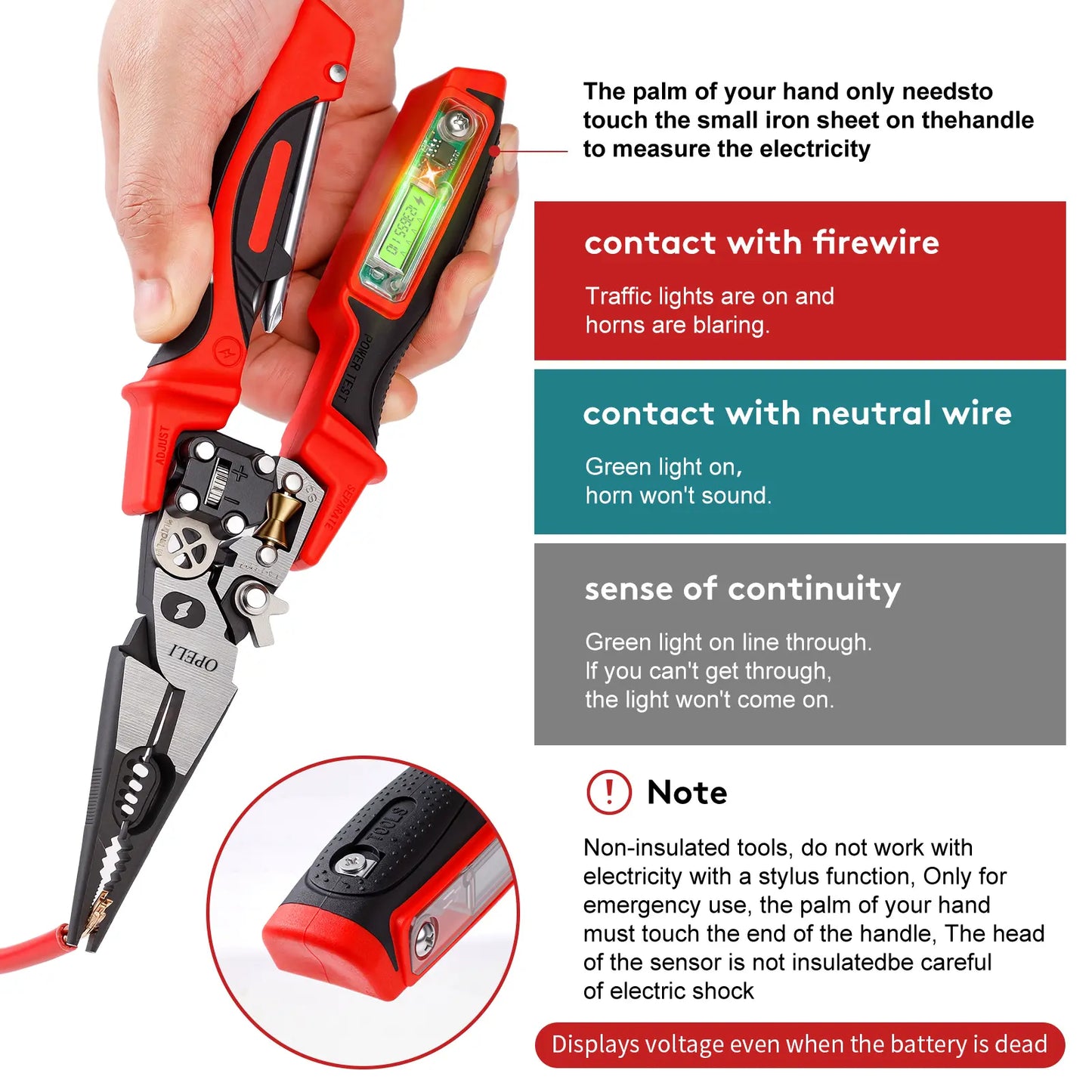 OPELI 8-in-1 Multi-Function Wire Stripper Pliers Diagonal Cutters for Nails Electrical Cables Special Tools with number display Voltage Tester&Alarms, Detectable12-250V, Heavy-Duty Electrical Pliers&Wire Cutters-for Professionaland Home Use image 4