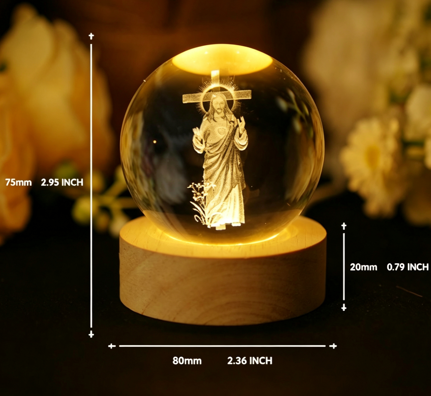 Crystal Ball Jesus Statue Wooden Base Glass Sphere Religious Collection Home Decoration Gift Ornament Glow-in-the-Dark  Sphere diameter8cm