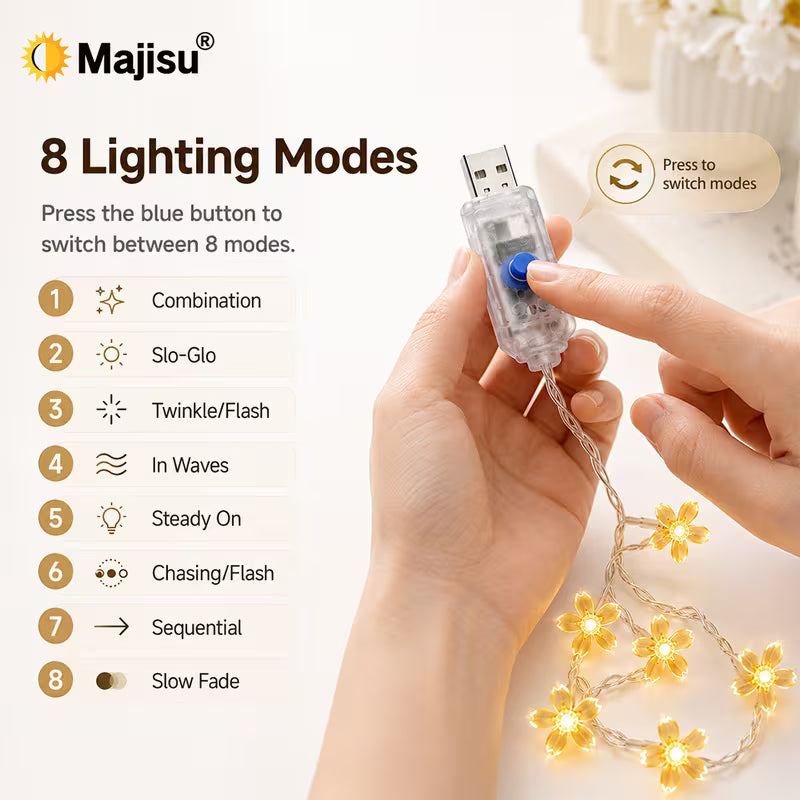 5M USB Solar Cherry Blossom String Lights – 8 Lighting Modes, Warm Light, Indoor Hanging Lights, Decor for Parties, Festivals & Perfect Gift