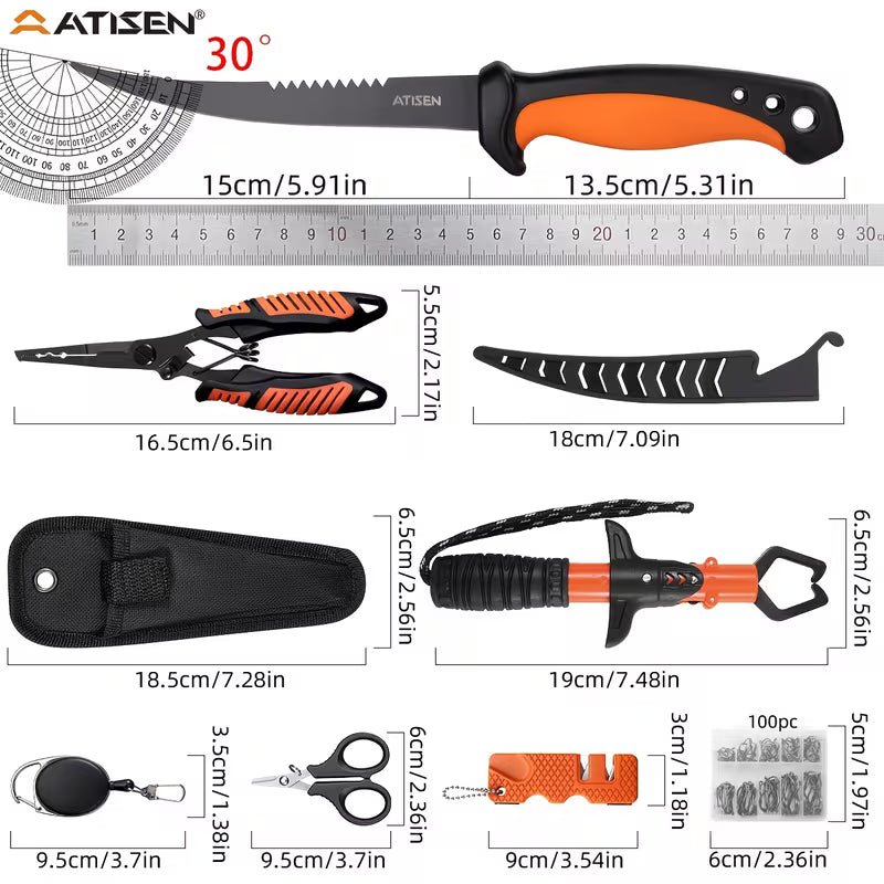 Fishing Tool Kit, Fishing Knife, Bait Knife, Fishing Pliers, Sharpener, Anti‑Loss Lanyard & Line Cutter, for Outdoor Camping, Fishing, Hiking, Fish & Poultry Cutting, Best Gift for Men for Halloween & Christmas