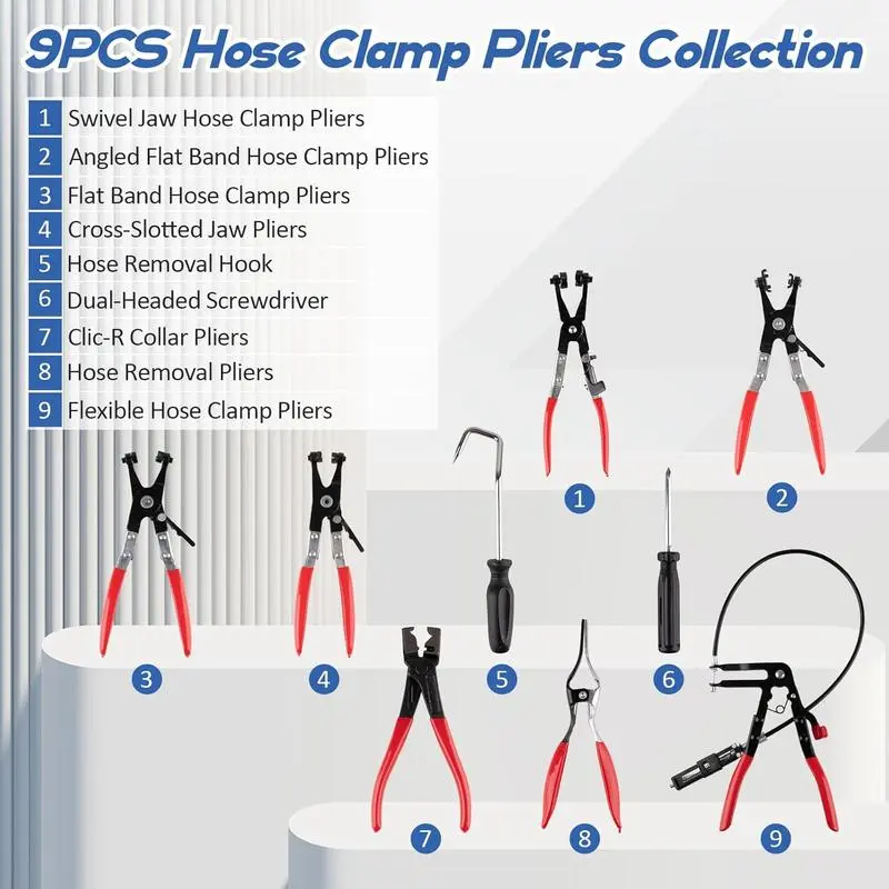 9PCS Hose Clamp Pliers,Automotive Pliers Kit,Long Reach Hose Clamp Tool Remover for Water Hose and Automotive Coolant Radiator Heater with Flexible Wire Long Reach Hose Clamp and Flat Band Pliers#summerfinds