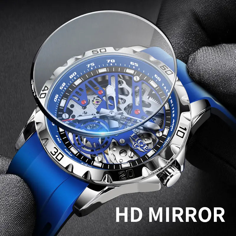 LIGE Men's Skeleton Mechanical Watch, 43mm Casual Wristwatch with Stainless Steel Case and Silicone Strap, Luminous Dial, 30m Water Resistant, Mechanical Style Watches image 6