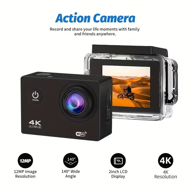 4K WiFi Action Camera – 170° Ultra‑Wide Angle, 2″ Screen, Waterproof for Diving & Outdoor, Remote Control, 32GB Storage – Capture Every Adventure