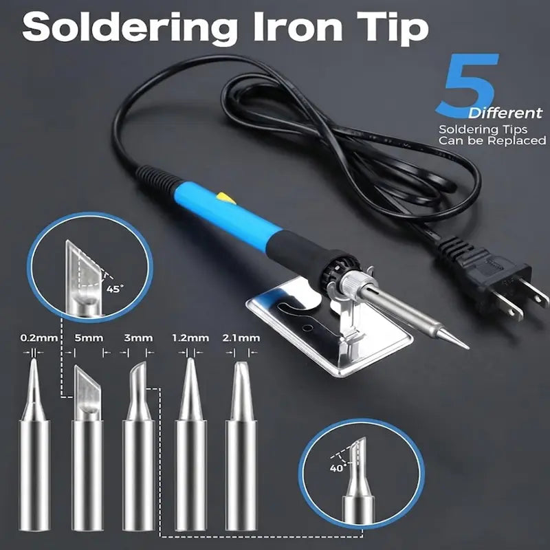 Adjustable Temperature Electric Soldering Iron Set – 110V 60W, 200–450°C, Includes 5 Tips, Stand & Cleaning Sponge