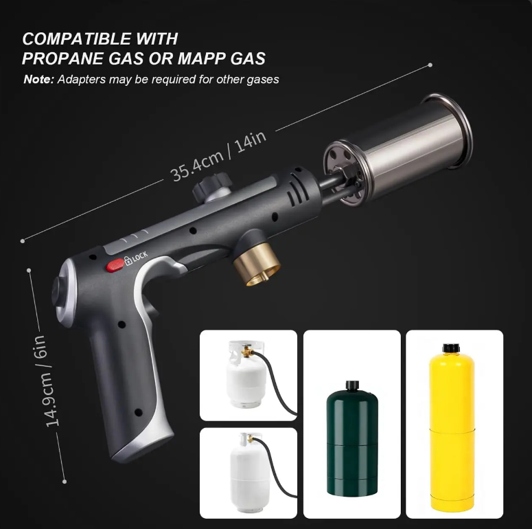 Propane Torch Gun with Safety Lock, Portable Kitchen Blow Torch for BBQ, Steak Searing, Charcoal Ignition (Propane Tank Not Included)