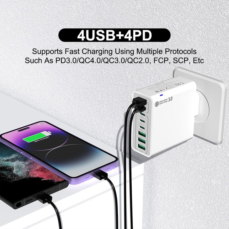 8 in 1 Waterproof Ports USB Fast Charger, Multi-Port Charging Station for Multiple Devices - High-Speed Hub w/Outlet Plug, Portable Wall Adapter for Travel/Home/Office