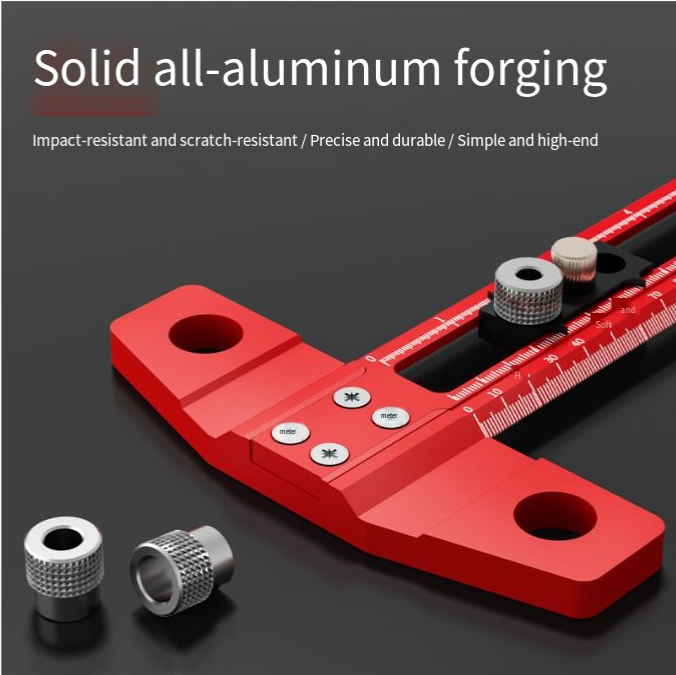 2-in-1 Woodworking Drilling & Positioning Scriber Ruler – Aluminum Alloy Marking T-Square, Multifunctional Dowelling Jig with 6/8/10mm Drill Sleeves, Measuring Tool