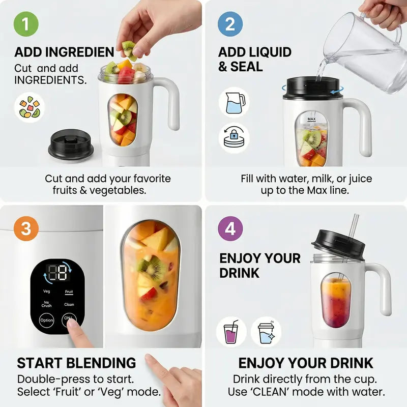 580ML Portable Juicer with LED Display - USB Rechargeable, 22000 RPM, Self-Cleaning for Smoothies and Ice Crushing