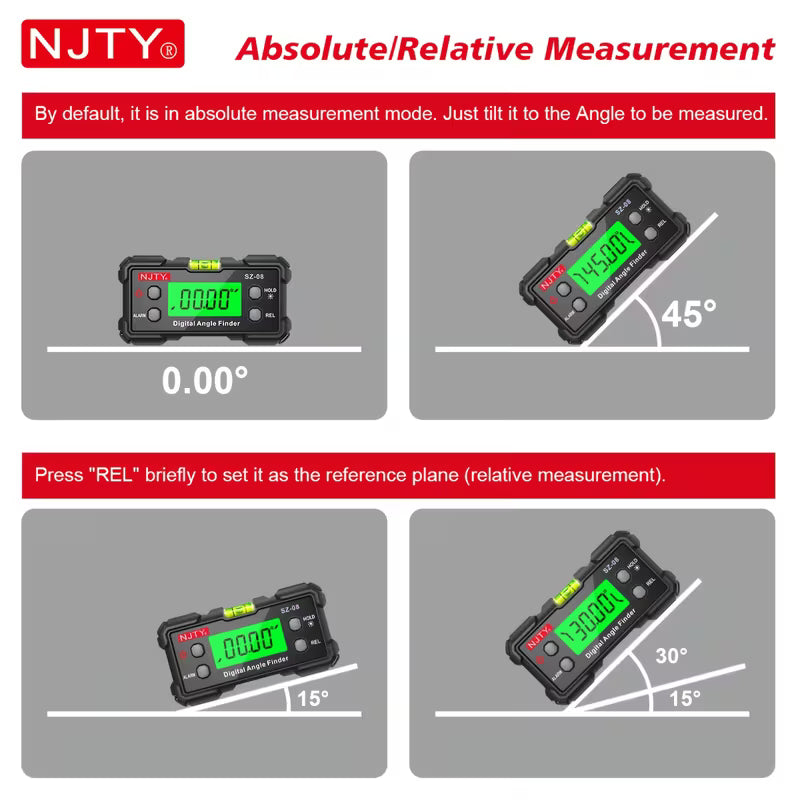 NJTY Digital Inclinometer SZ-08 – High Precision Electronic Level, Backlit, Dual-Sided Magnetic, Angle Alarm
