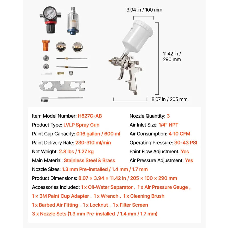 Air Spray Gun with 3 Nozzles (1.3/1.4/1.7mm) - 600ml Gravity Feed Paint Sprayer with Air Regulator for Car, Furniture and Home Improvement