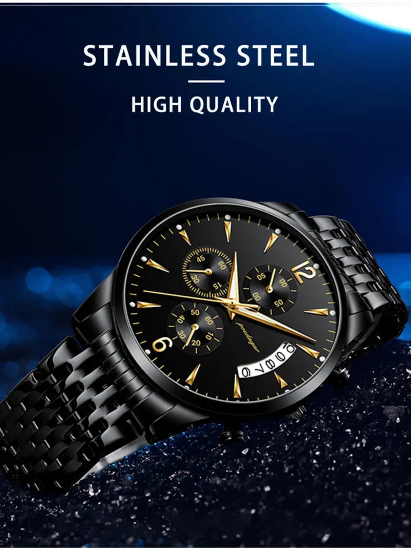 Men's Business Fashion Watch - Black Stainless Steel Strap, 30M Water Resistant, Calendar Quartz with Luminous Dial