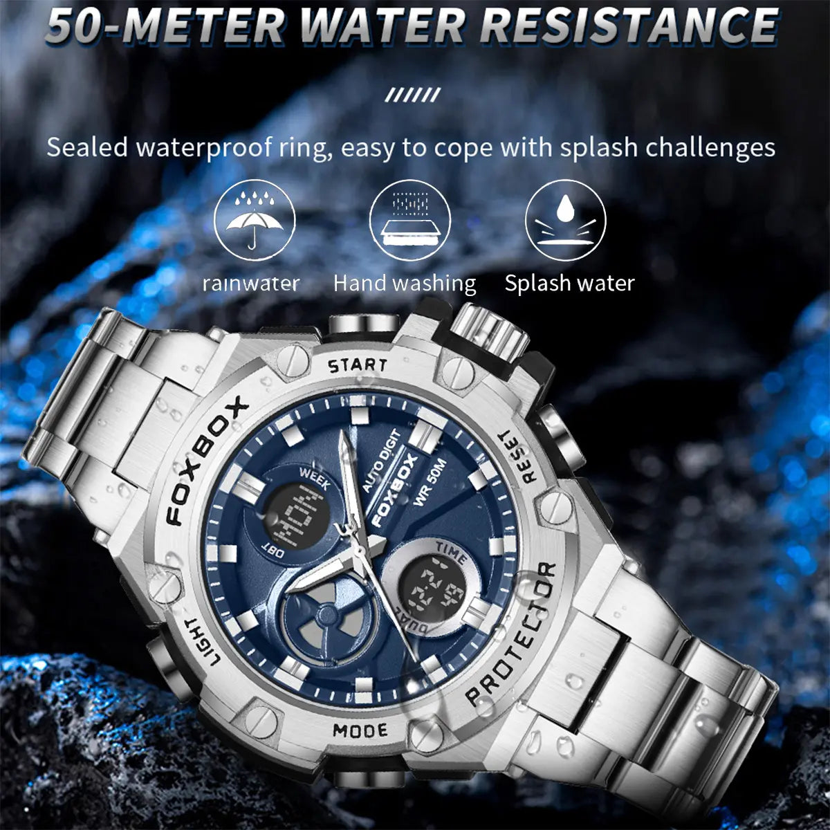 Foxbox Men's Fashion Multifunctional Sports Watch - Water Resistant Alloy Case, Stainless Steel Strap, Electronic Quartz