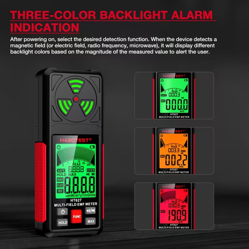 HABOTEST HT627 EMF Meter – 3-in-1 Detector for EF, MF & RF Radiation, for Home & Outdoor Inspections
