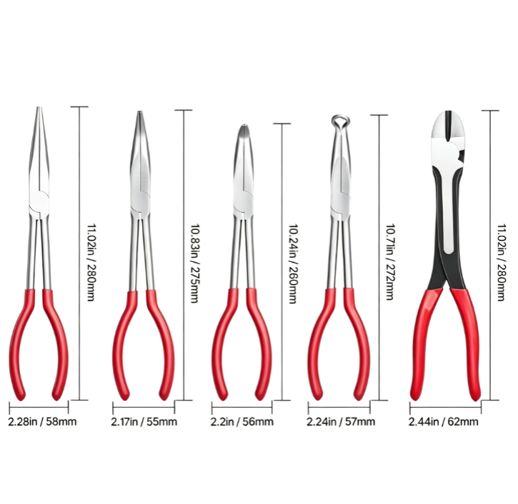 5-Piece 11-Inch Needle Nose Pliers Set - Diagonal Cutting, 45°/90° Bent Nose, Round Nose, Long Nose with Storage Bag