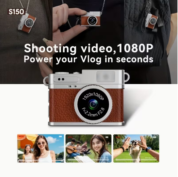 Retro Wearable Mini Camera with 32GB Memory Card – 1080P HD Video, 0.96" IPS Screen, LED Fill Light, 17.5g Ultra-Light, Pocket-Size for Vlogging & Travel