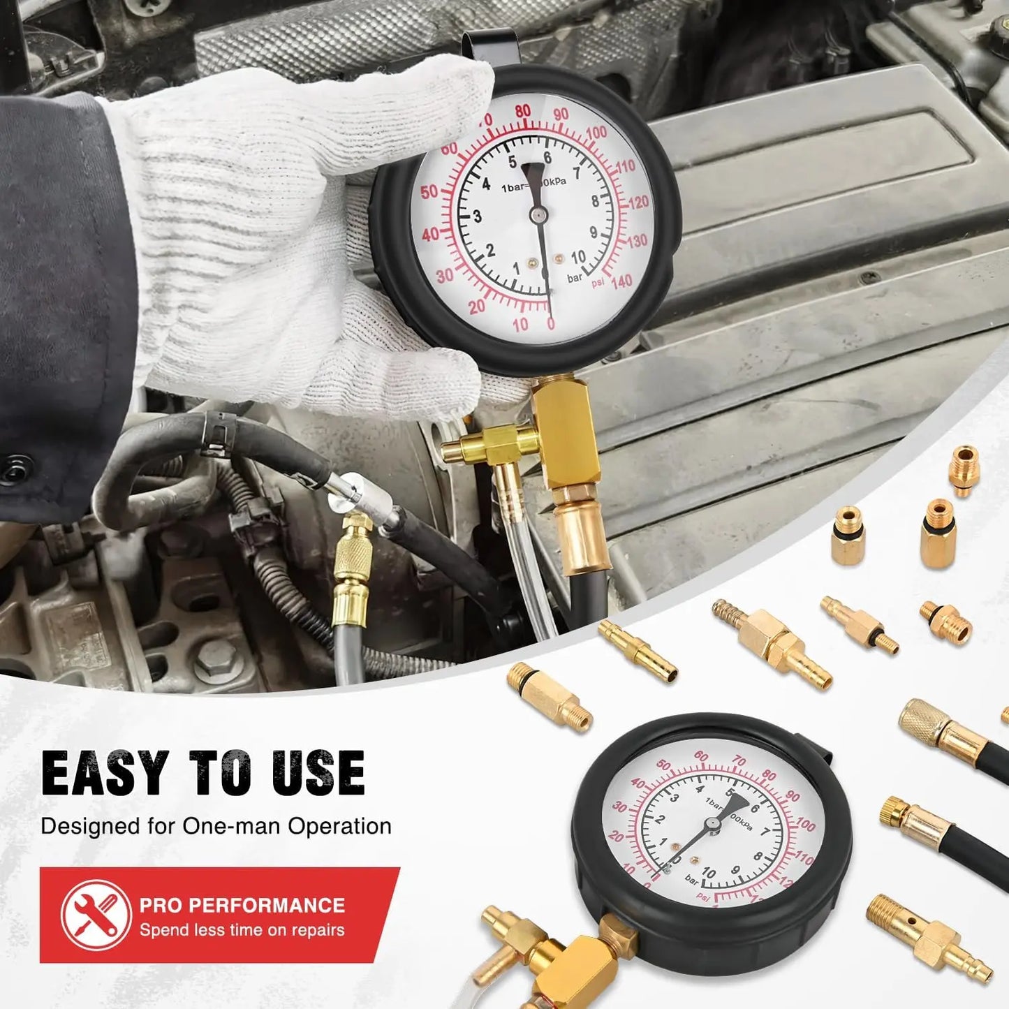 Brass Fuel Injection Pressure Tester Kit - 0-140 PSI Gauge for Leak Detection in Cars and Trucks