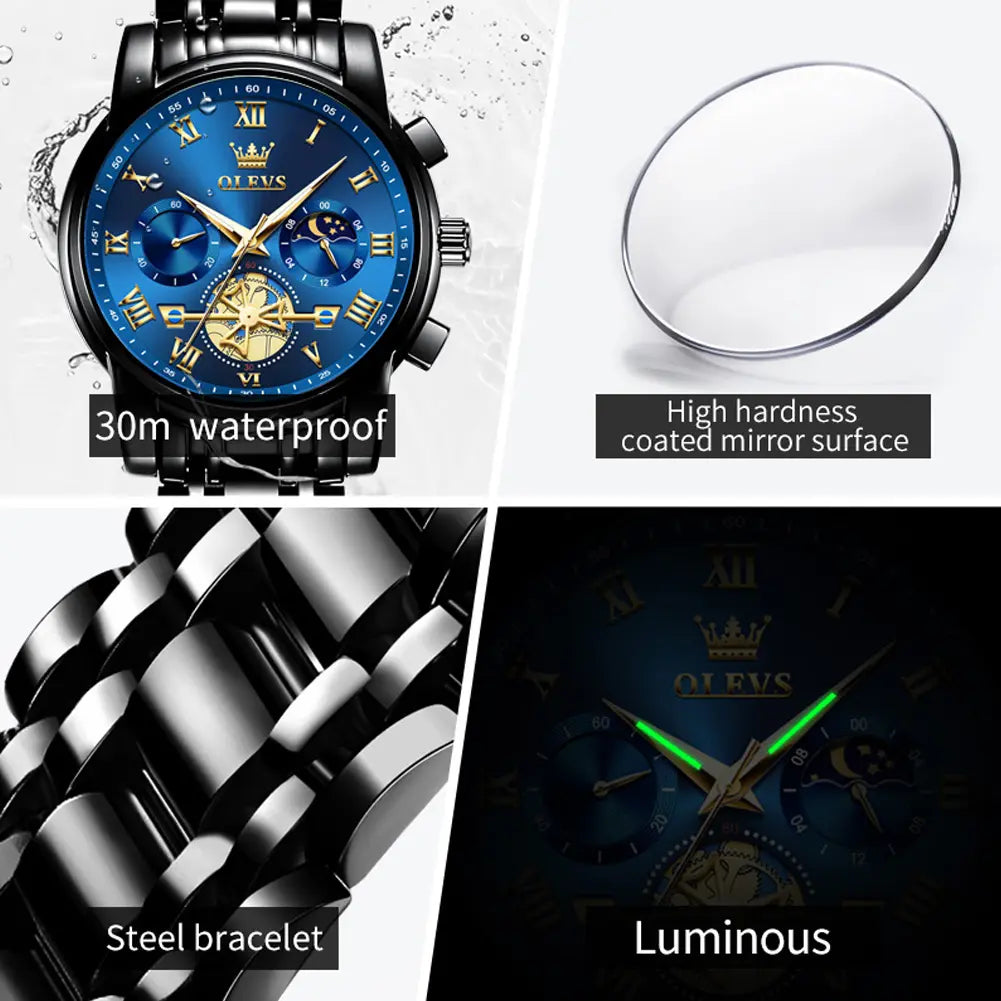 OLEVS G2859 Men's Chronograph Business Dress Quartz Watch – Stainless Steel, Waterproof, Luminous, Date Display, Casual Round Dial