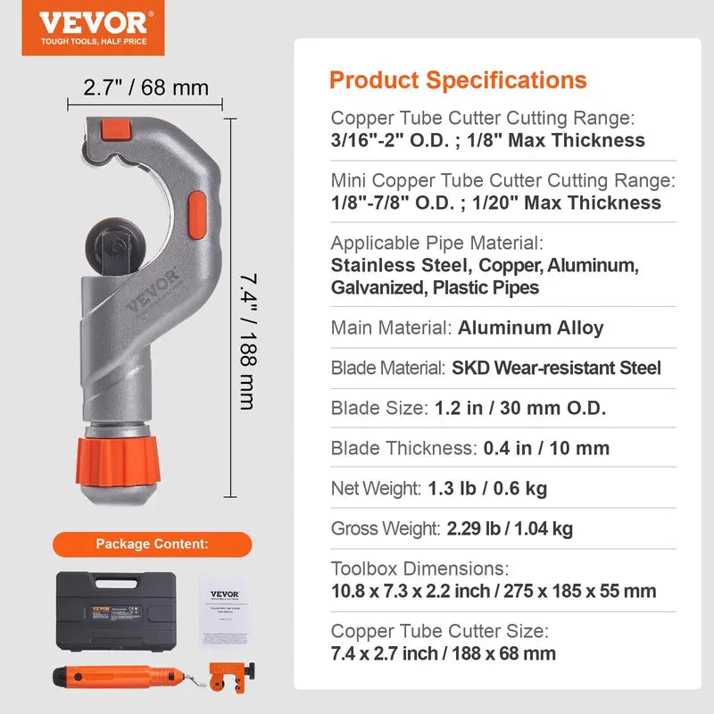 VEVOR 3-Piece Tubing Cutter Set - Heavy Duty Pipe Cutter 3/16"-2" OD, Mini Cutter 1/8"-7/8", Deburring Tool for Stainless Steel, Copper, Aluminum and Plastic
