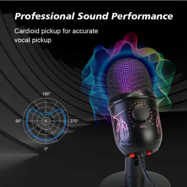 USB Desktop Condenser Microphone – Plug & Play with Stand, RGB Lighting, Noise Reduction, Advanced Built-in Chip, for Gaming, Singing, Live Streaming, Video Conferencing & Podcasting