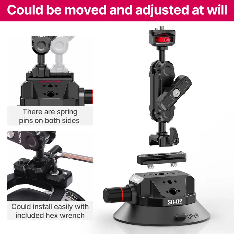 4.5" Vacuum Suction Cup Mount – Pump-Activated, Quick Release NATO Arm, for GoPro, DSLR Cameras – Car, Boat, Windshield Mount