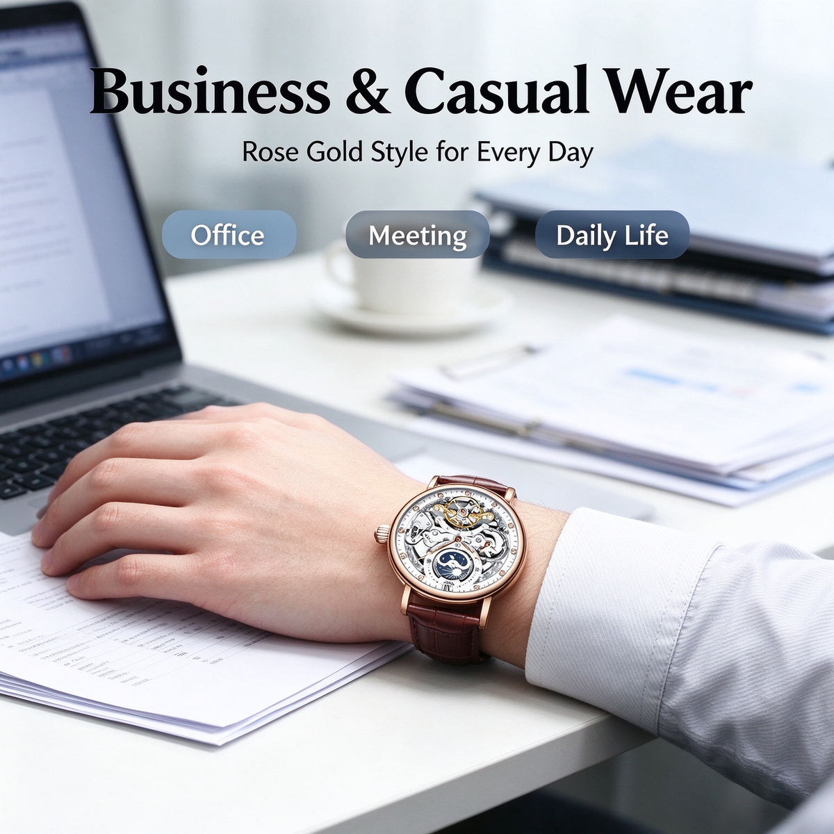 KINYUED Fully Automatic Mechanical Watch - Business Men's Tourbillon Mechanical Watch, Minimalist Luminous Business Wristwatch