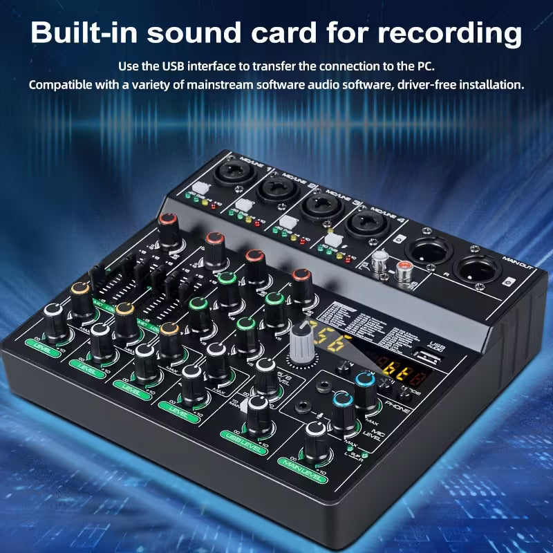 6-Channel USB Audio Mixer – 256 Reverb Effects, Professional for Music & Recording