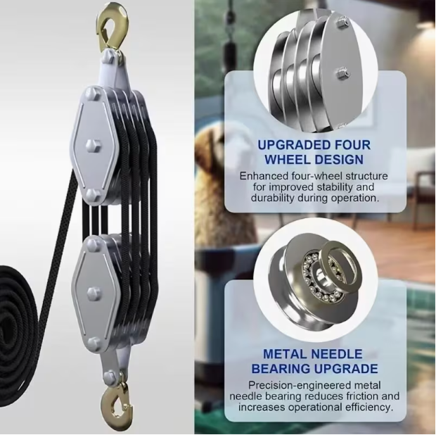 Heavy-Duty Block & Pulley System – 4000lb Capacity, 8:1 Mechanical Advantage, Adjustable Height, 65ft Rope, Lockable Casters, for Lifting & Construction