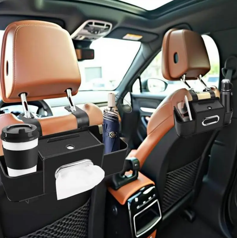 Black Car Seat Back Storage Organizer, Non-Woven Fabric Car Storage Bag with Tissue Holder, 2 Cup Holders & Bag Hooks for Rear Seat