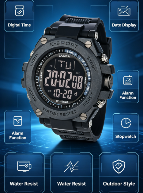 LASIKA Water Resistant Sports Digital Watch - Alarm, Rubber Strap, Black Dial, K-Sport Style for Men